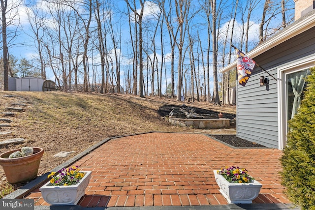 exterior space featuring a patio, a storage shed, and an outdoor structure