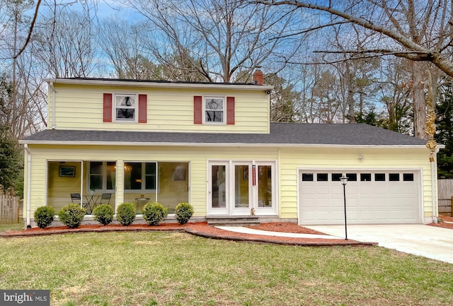 traditional-style home featuring a shingled roof, a chimney, a front lawn, concrete driveway, and a garage