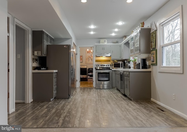 kitchen featuring wood finished floors, baseboards, recessed lighting, under cabinet range hood, and appliances with stainless steel finishes