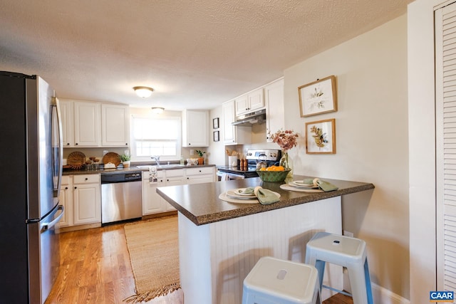 kitchen featuring dark countertops, stainless steel appliances, a peninsula, and under cabinet range hood