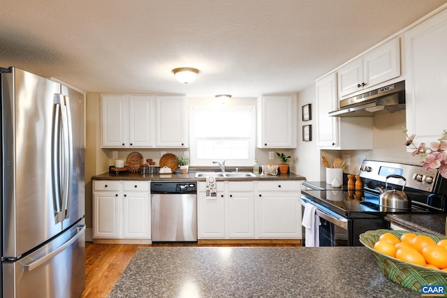 kitchen featuring appliances with stainless steel finishes, dark countertops, a sink, and under cabinet range hood