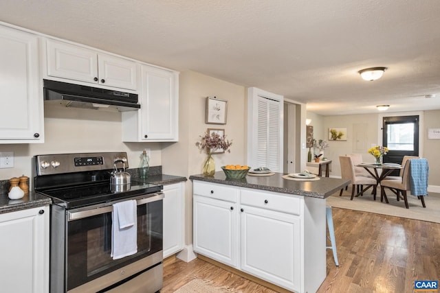 kitchen featuring stainless steel range with electric cooktop, white cabinetry, a peninsula, light wood-type flooring, and under cabinet range hood