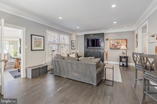 living room featuring a fireplace, crown molding, recessed lighting, wood finished floors, and baseboards