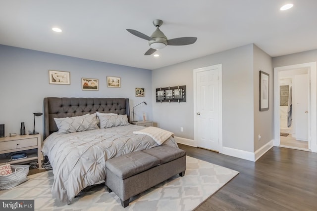 bedroom featuring recessed lighting, ceiling fan, baseboards, and wood finished floors