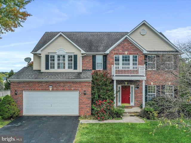 view of front of home featuring a garage, a shingled roof, aphalt driveway, and brick siding