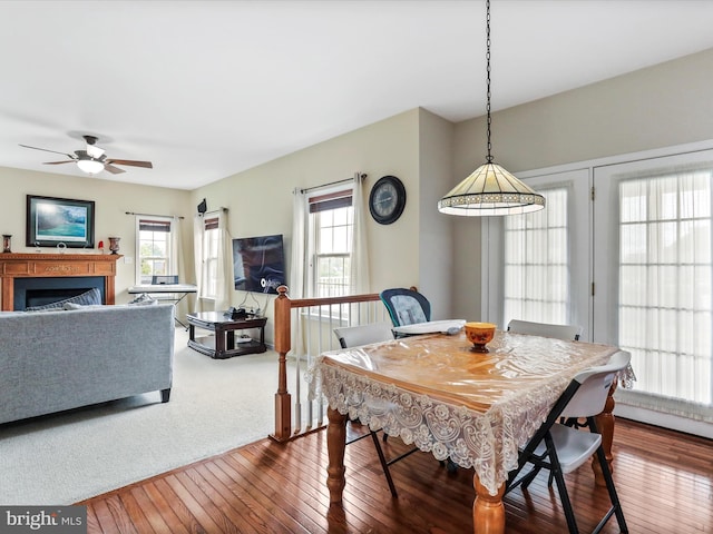 dining space featuring hardwood / wood-style flooring, ceiling fan, and a fireplace