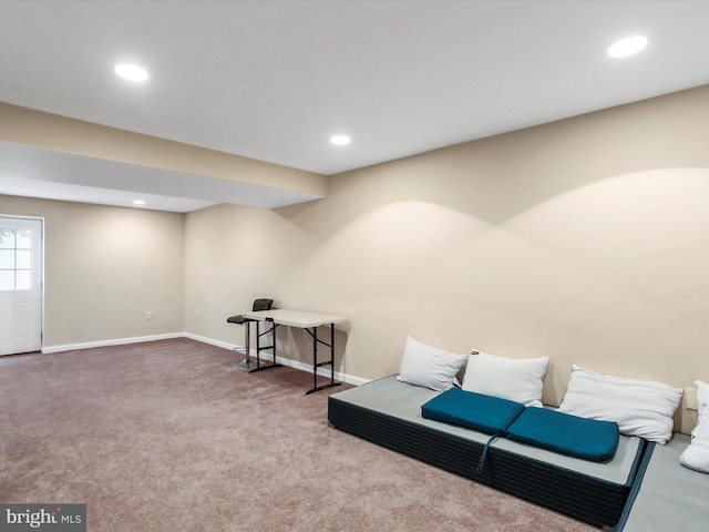 sitting room featuring baseboards, carpet, and recessed lighting