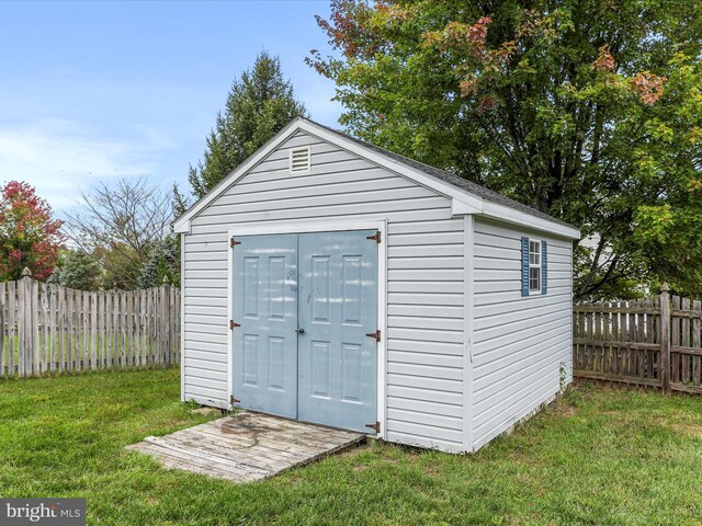 view of shed with a fenced backyard