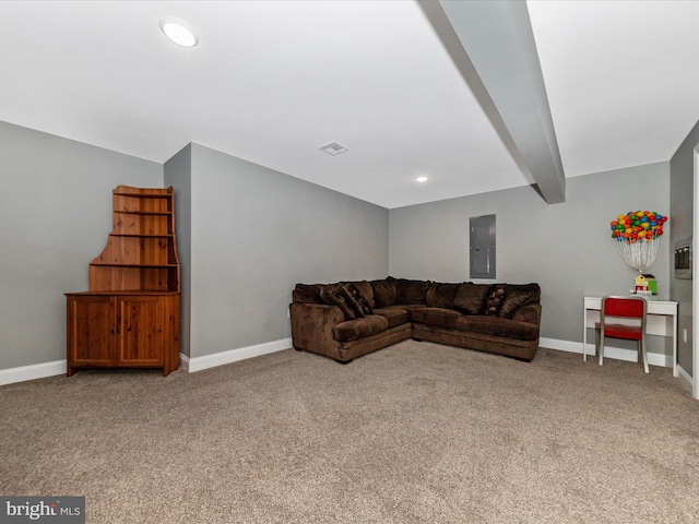 carpeted living room featuring recessed lighting, visible vents, baseboards, and beam ceiling