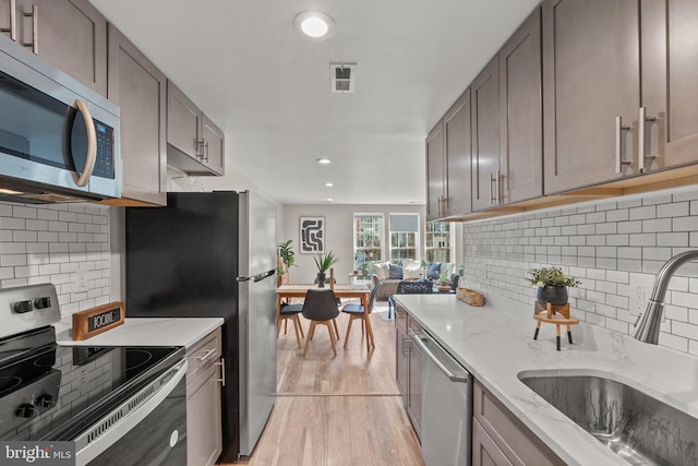 kitchen with visible vents, decorative backsplash, light wood-style flooring, appliances with stainless steel finishes, and a sink