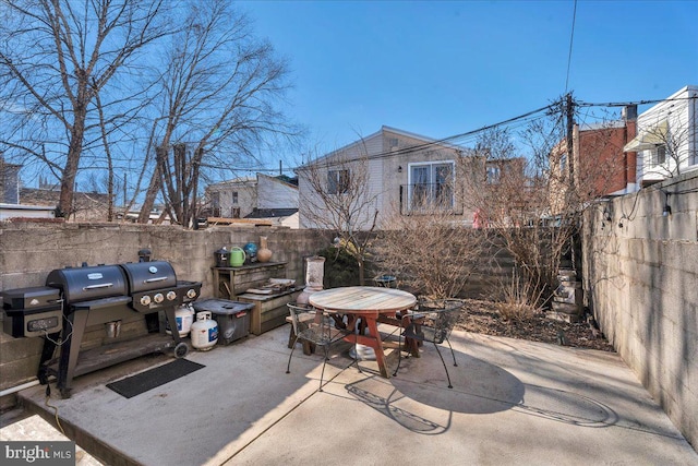 view of patio / terrace with a grill, outdoor dining area, and a fenced backyard