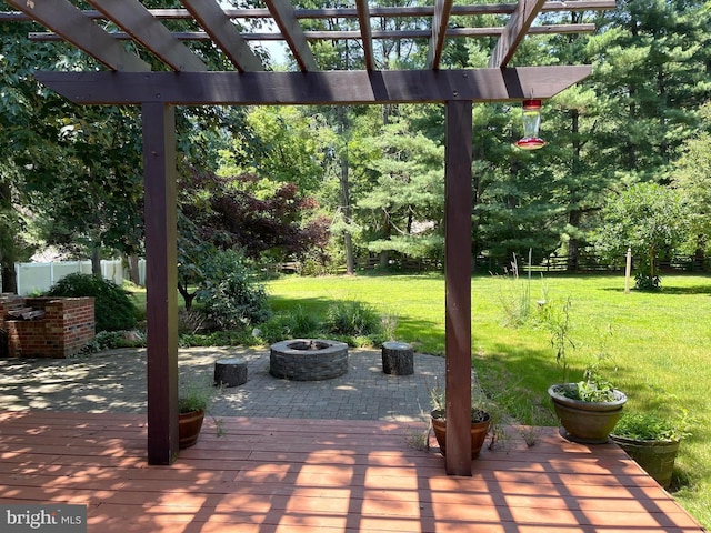 view of patio / terrace with an outdoor fire pit, a deck, and a pergola