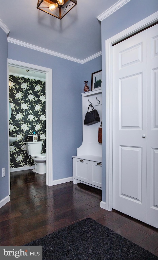 mudroom with hardwood / wood-style floors, baseboards, and ornamental molding