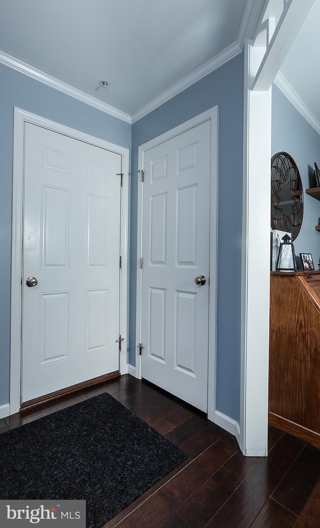 entrance foyer with baseboards, dark wood finished floors, and ornamental molding