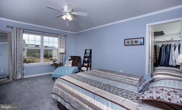 bedroom featuring a closet, ornamental molding, baseboards, and carpet floors