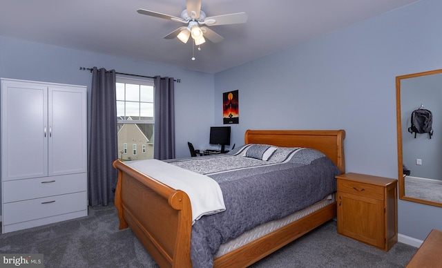 bedroom featuring baseboards, carpet, and ceiling fan