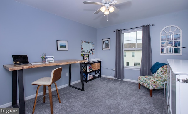 office with baseboards, carpet, and a ceiling fan