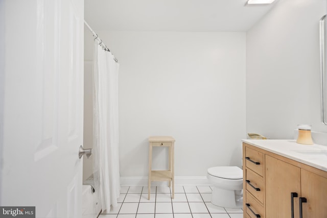 full bathroom with toilet, vanity, a shower with shower curtain, and tile patterned floors