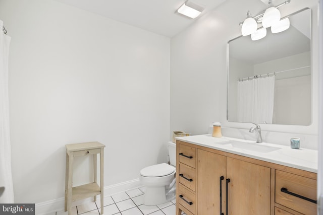 full bathroom featuring baseboards, toilet, a shower with curtain, tile patterned flooring, and vanity