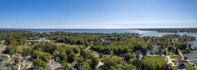 drone / aerial view with a water view and a view of trees