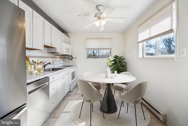 kitchen with decorative backsplash, white cabinets, a baseboard radiator, and stainless steel appliances