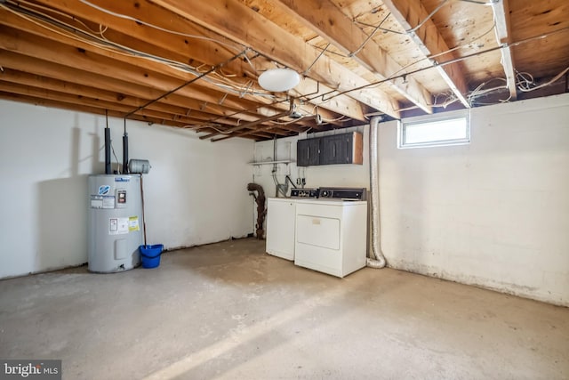 below grade area with washing machine and dryer and electric water heater