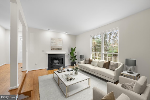 living room featuring a fireplace with flush hearth, baseboards, and wood finished floors