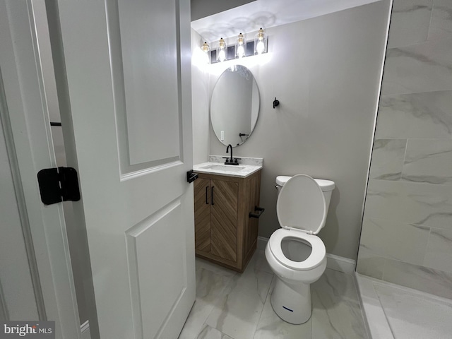 full bathroom featuring a shower, marble finish floor, toilet, vanity, and baseboards