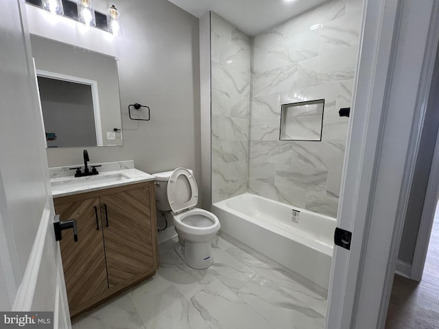 full bath featuring marble finish floor, vanity, toilet, and shower / bathtub combination