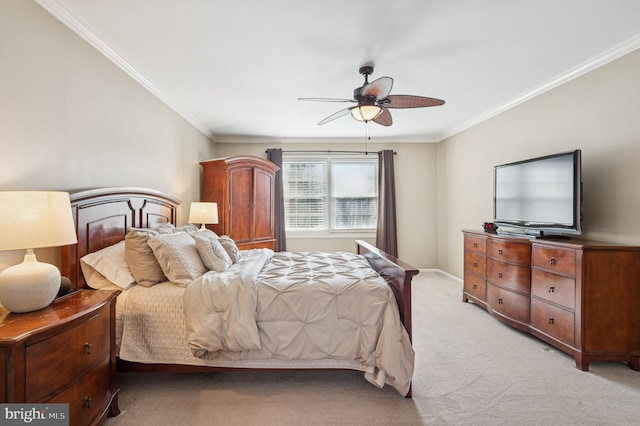 bedroom with ceiling fan, baseboards, light carpet, and ornamental molding