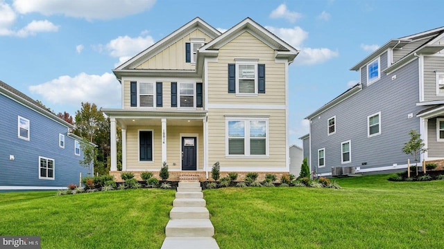 view of front facade featuring covered porch, a front lawn, and board and batten siding