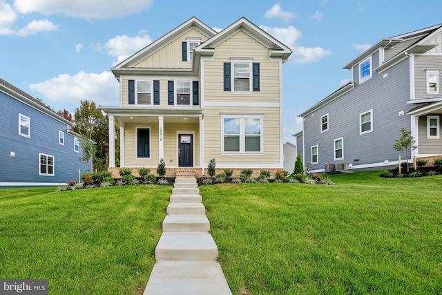 view of front facade featuring cooling unit, a porch, board and batten siding, and a front yard