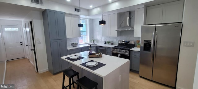 kitchen featuring stainless steel appliances, visible vents, gray cabinetry, light wood-style floors, and wall chimney exhaust hood