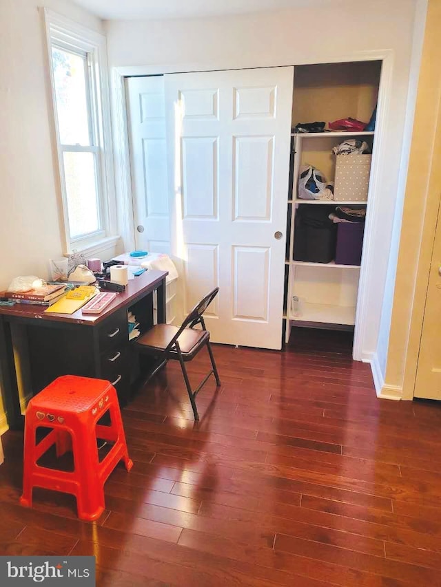 home office featuring dark wood-style flooring