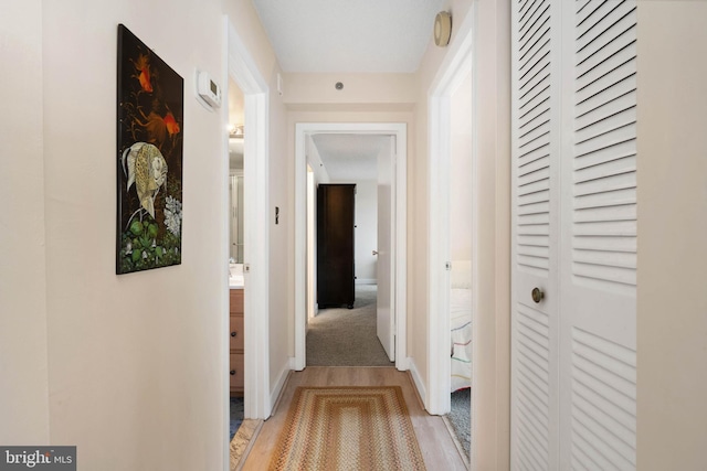 corridor with baseboards and light wood finished floors