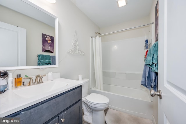 bathroom with vanity, toilet, and shower / bathtub combination with curtain