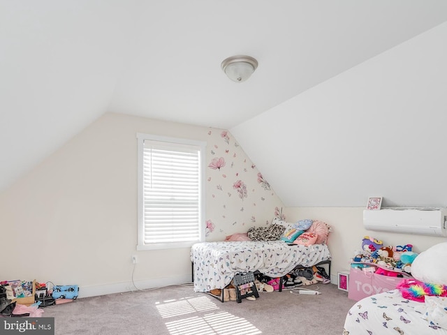 bedroom featuring baseboards, carpet, and vaulted ceiling