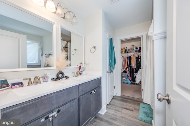 bathroom featuring a walk in closet, double vanity, wood finished floors, and a sink