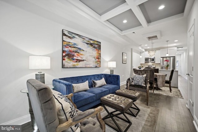 living area featuring dark wood-type flooring, recessed lighting, baseboards, and coffered ceiling