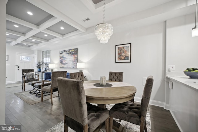 dining room with dark wood-style floors, visible vents, coffered ceiling, beam ceiling, and recessed lighting