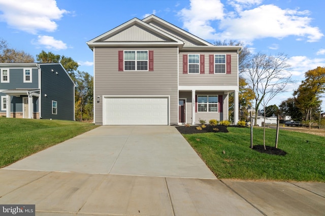 view of front of house featuring concrete driveway, an attached garage, and a front lawn