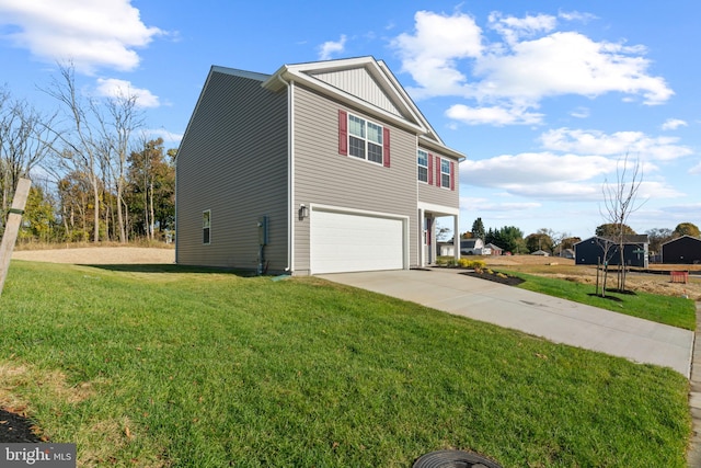 view of side of property featuring driveway, a lawn, and an attached garage