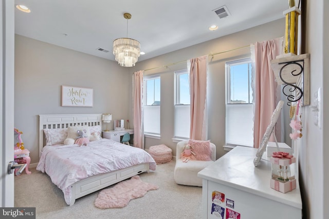 bedroom featuring recessed lighting, visible vents, light carpet, and an inviting chandelier