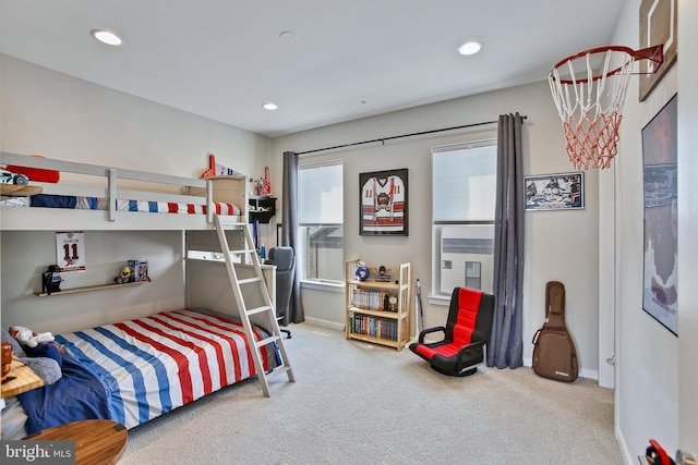 carpeted bedroom with recessed lighting and baseboards