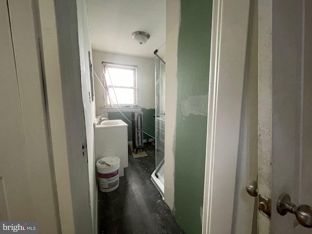 bathroom with a shower stall, vanity, and wood finished floors