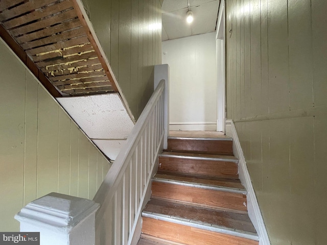 staircase featuring wood walls and hardwood / wood-style floors