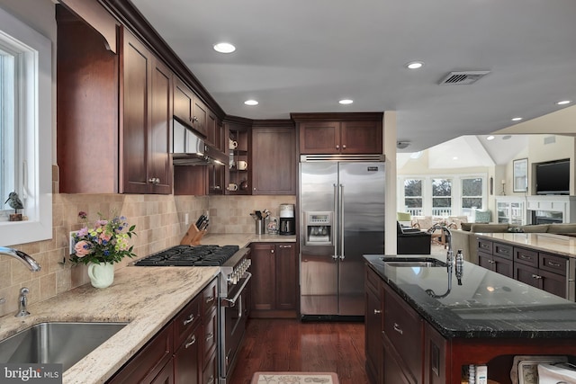 kitchen with visible vents, light stone countertops, under cabinet range hood, high quality appliances, and a sink