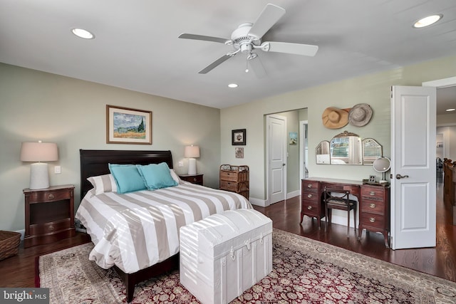 bedroom featuring recessed lighting, wood finished floors, baseboards, and ceiling fan