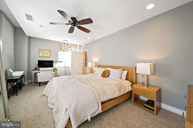 bedroom with visible vents, a ceiling fan, recessed lighting, carpet, and baseboards