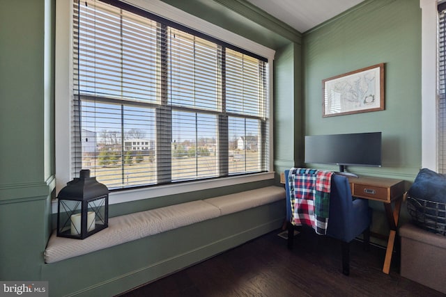 office featuring wood finished floors and ornamental molding